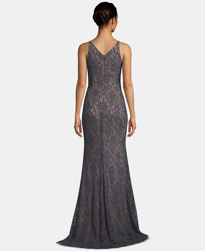 betsy and adam ruffled v neck gown