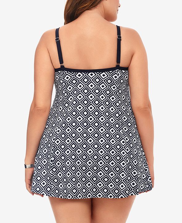 Swim Solutions Plus Size Printed Empire TummyControl Swimdress