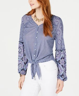 Style & Co Mixed-Print Tie-Front Button-Up Top, Created for Macy's - Macy's