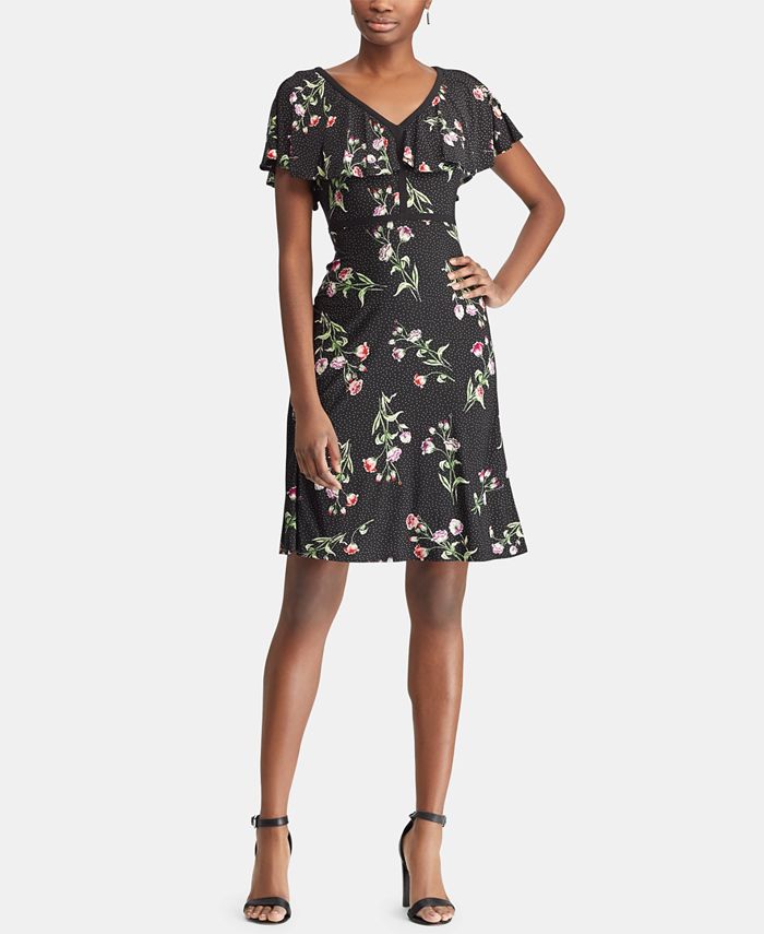 Fit and flared floral printed gathered dress with stand collar, placket and sleeve detailing main image 1