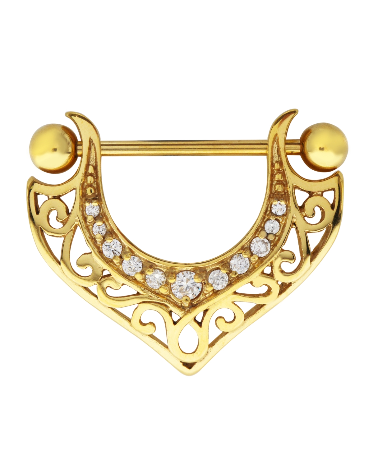Bodifine Stainless Steel Crystal Filigree Shield Nipple Bar - Gold