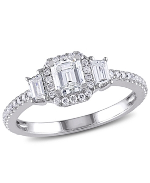 image of Certified Diamond (1 ct. t.w.) Emerald & Trapezoid-Shape Three-Stone Halo Engagement Ring in 14k White Gold