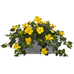 NEARLY NATURAL HIBISCUS ARTIFICIAL PLANT IN STONE PLANTER 