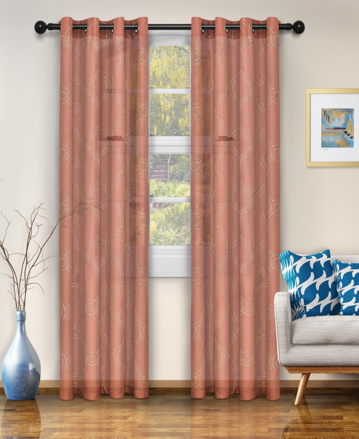 Moroccan Geometric Trellis Semi-Sheer Window Curtain Panel Set with Grommet Header, 52" x 96" - Rust