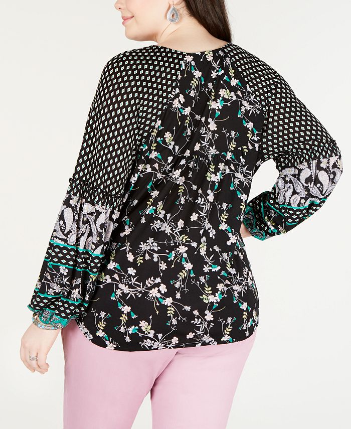 Style & Co Plus Size Mixed-Print Tie-Front Top, Created for Macy's - Macy's