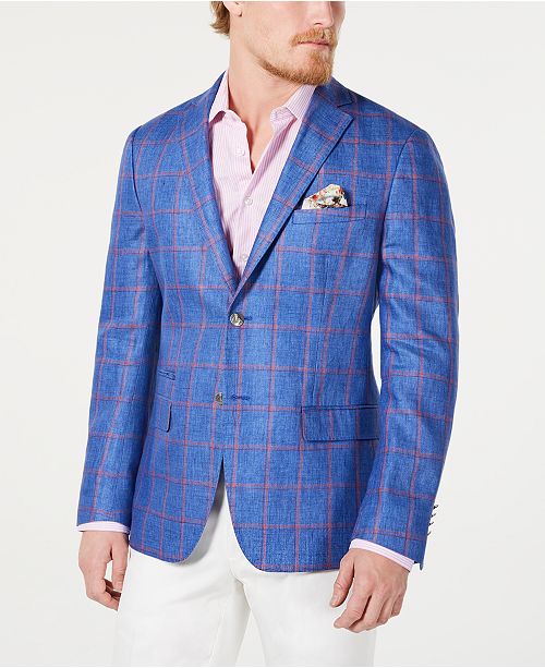 Tallia Orange Men's SlimFit Linen Blue/Red Windowpane Sport Coat & Reviews Blazers & Sport