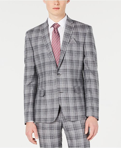 Bar III Men's Slim-Fit Linen Gray Plaid Suit Jacket, Created for Macy's ...