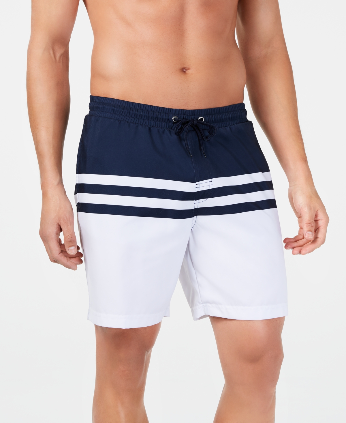 Club Room Men's Quick-dry Performance Colorblocked Stripe 7" Swim Trunks, Created For Macy's In Navy Blue Combo