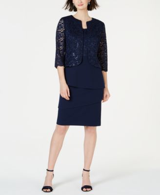 Alex Evenings - Petite Sequined Lace Jacket & Shift Dress