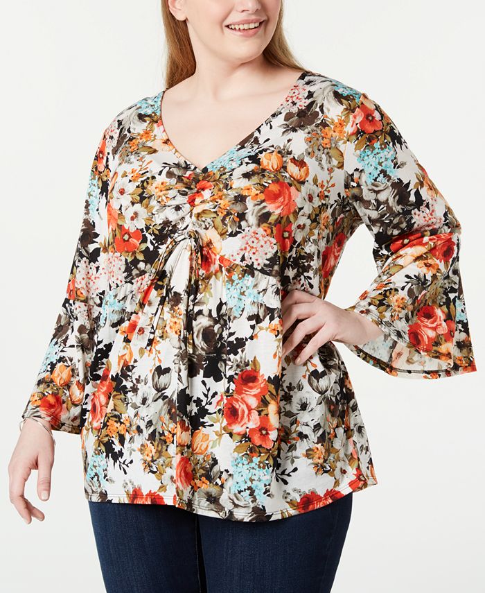 NY Collection Plus Size Printed Cinch-Front Top & Reviews - Tops - Plus ...
