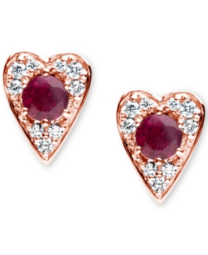 image of Certified Ruby (3/8 ct. t.w.) & Diamond (1/6 ct. t.w.) Heart Stud Earrings in 14k Rose Gold