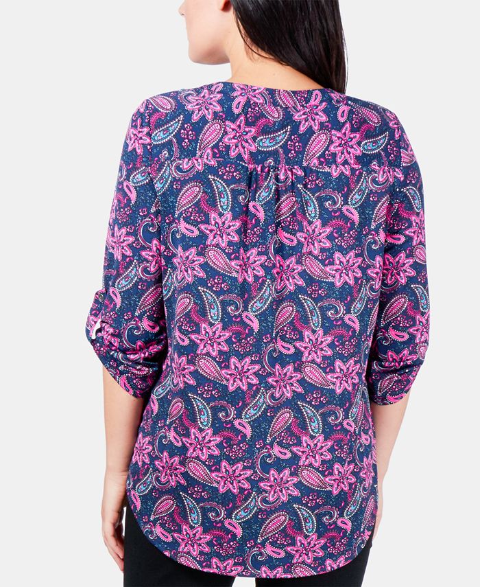 NY Collection FloralPrint Pleated RollTab Sleeve Top Macy's