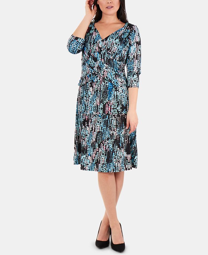 NY Collection Printed Crossover-Bodice 3/4-Sleeve Dress - Macy's