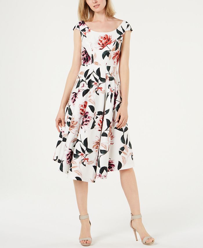 Calvin Klein Floral Printed Cap-Sleeve Flared Dress - Macy's