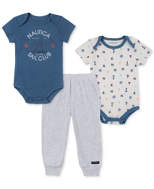 Nautica Baby Boys 3 Pc Printed Bodysuits Jogger Pants Set