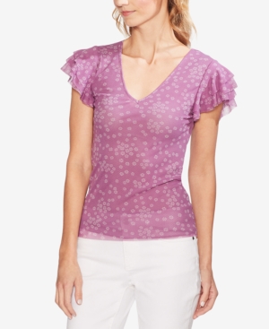 VINCE CAMUTO FLORAL-PRINT RUFFLED-SLEEVE TOP