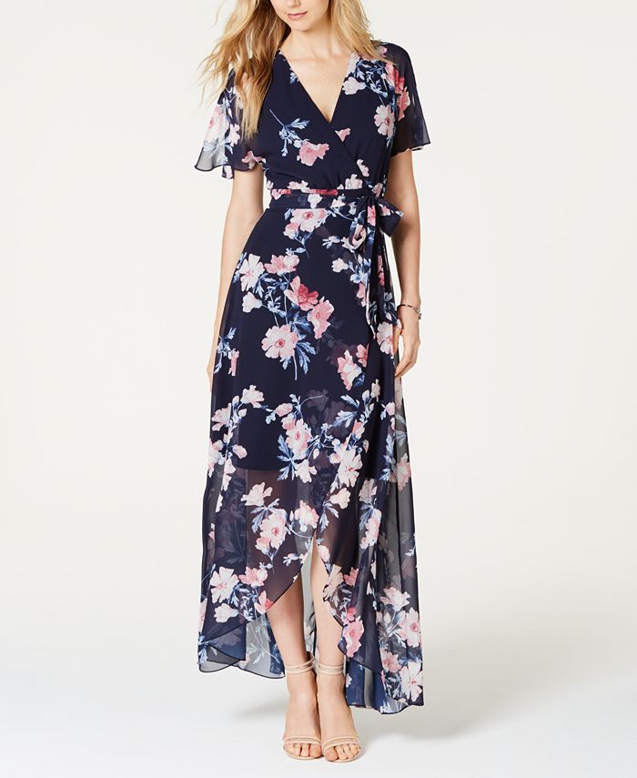 Jessica Howard Floral-Print Faux-Wrap Maxi Dress - Macy's