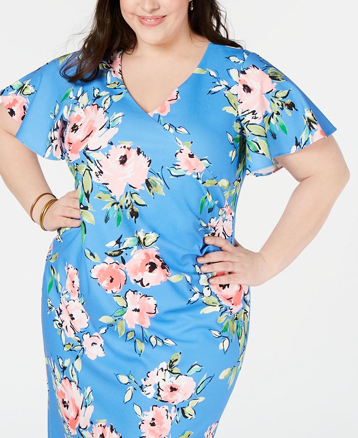 Jessica Howard Plus Size Flutter-Sleeve Floral Sheath Dress - Macy's
