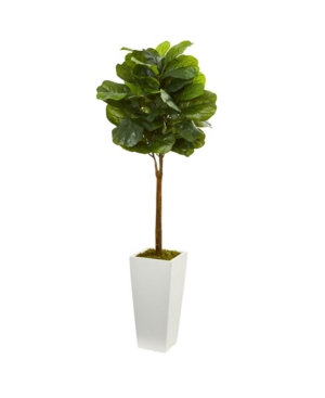 Nearly Natural 4' Fiddle Leaf Artificial Tree In White Tower Planter In Green