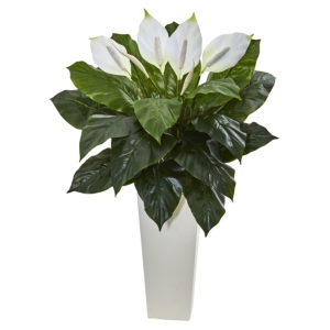 Nearly Natural 3' Spathiphyllum Artificial Plant In White Tower Planter In Green