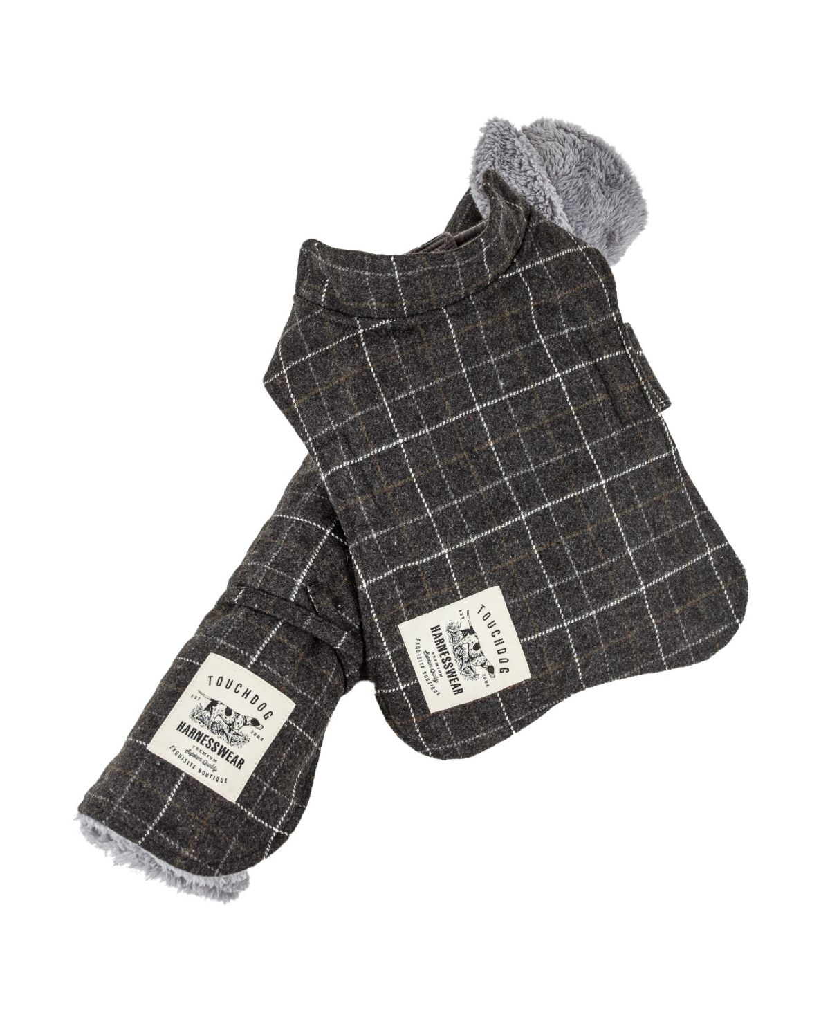 2-in-1 Windowpane Plaided Dog Jacket with Matching Reversible Dog Mat - Brown