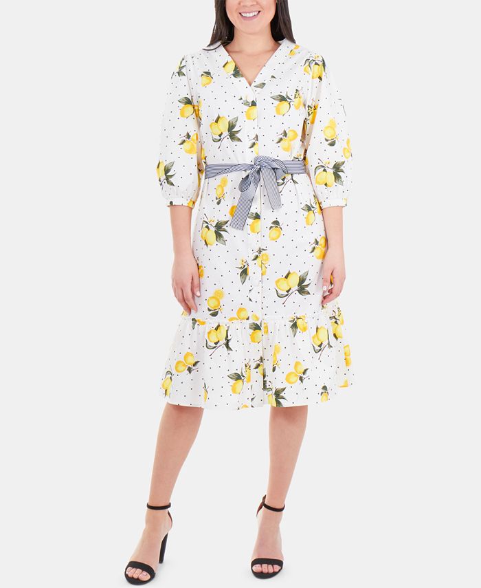 NY Collection Cotton Lemon Print Flounce Hem Dress Macy s