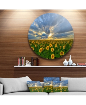 Design Art Designart 'beauty Sunset Over Sunflowers' Landscape Round Circle Metal Wall Art In Multicolor