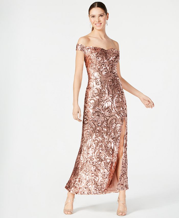 Nightway Petite Sequined Off The Shoulder Gown Macy s