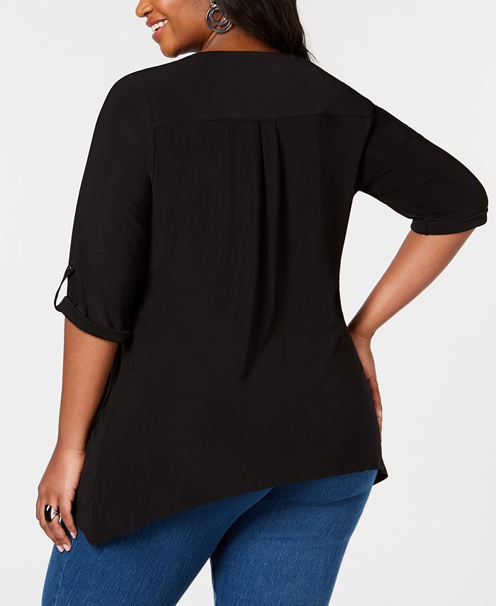 NY Collection Plus Size Zip-Front Roll-Tab Top - Macy's