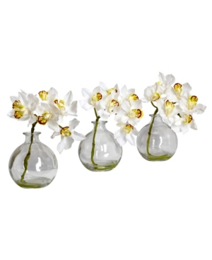 Nearly Natural Cymbidium W/vase Silk Flower Arrangement, Set Of 3 In White