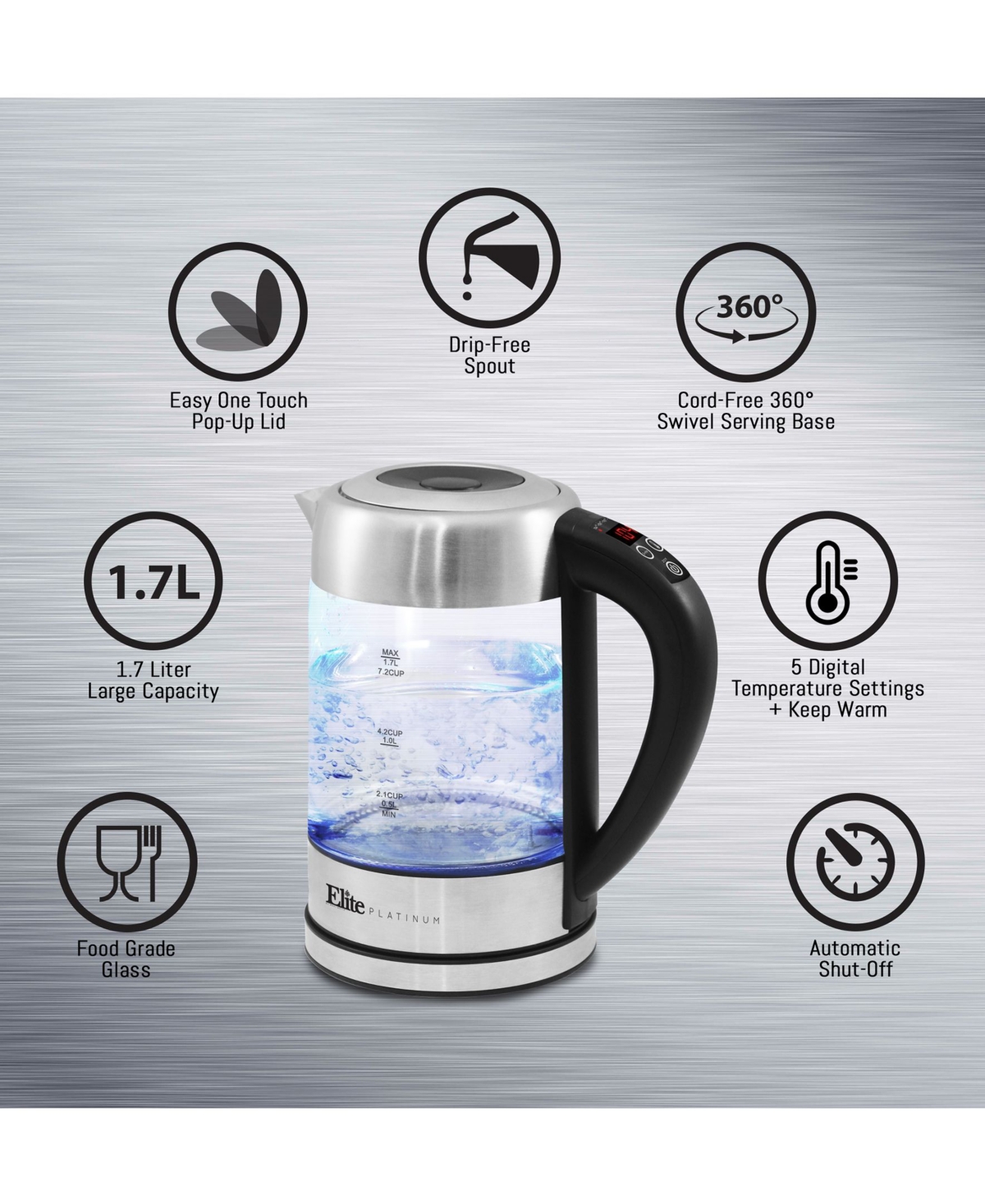 Elite Platinum 1.7L - 7.2 Cup Electric Programmable Cordless Glass Kettle