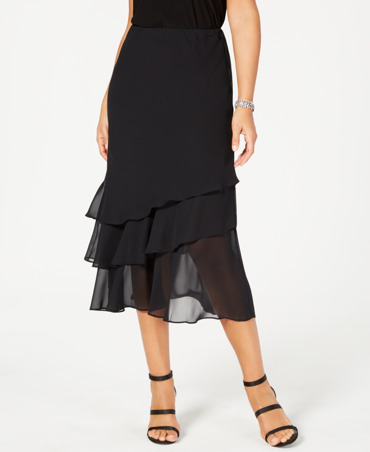 Shop Alex Evenings Petite Skirt, Tiered Chiffon Tea Length In Black