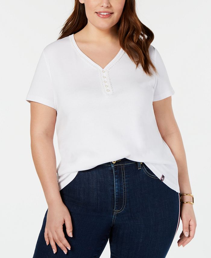Tommy Hilfiger Plus Size Lace-Trim V-Neck T-Shirt, Created for Macy's ...
