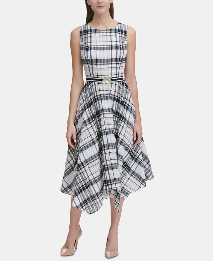 Tommy Hilfiger Belted Plaid Midi Dress & Reviews - Dresses - Women