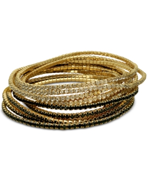 Guess Gold-tone 10-pc. Set Crystal & Black Stretch Bracelets In Black And Gold