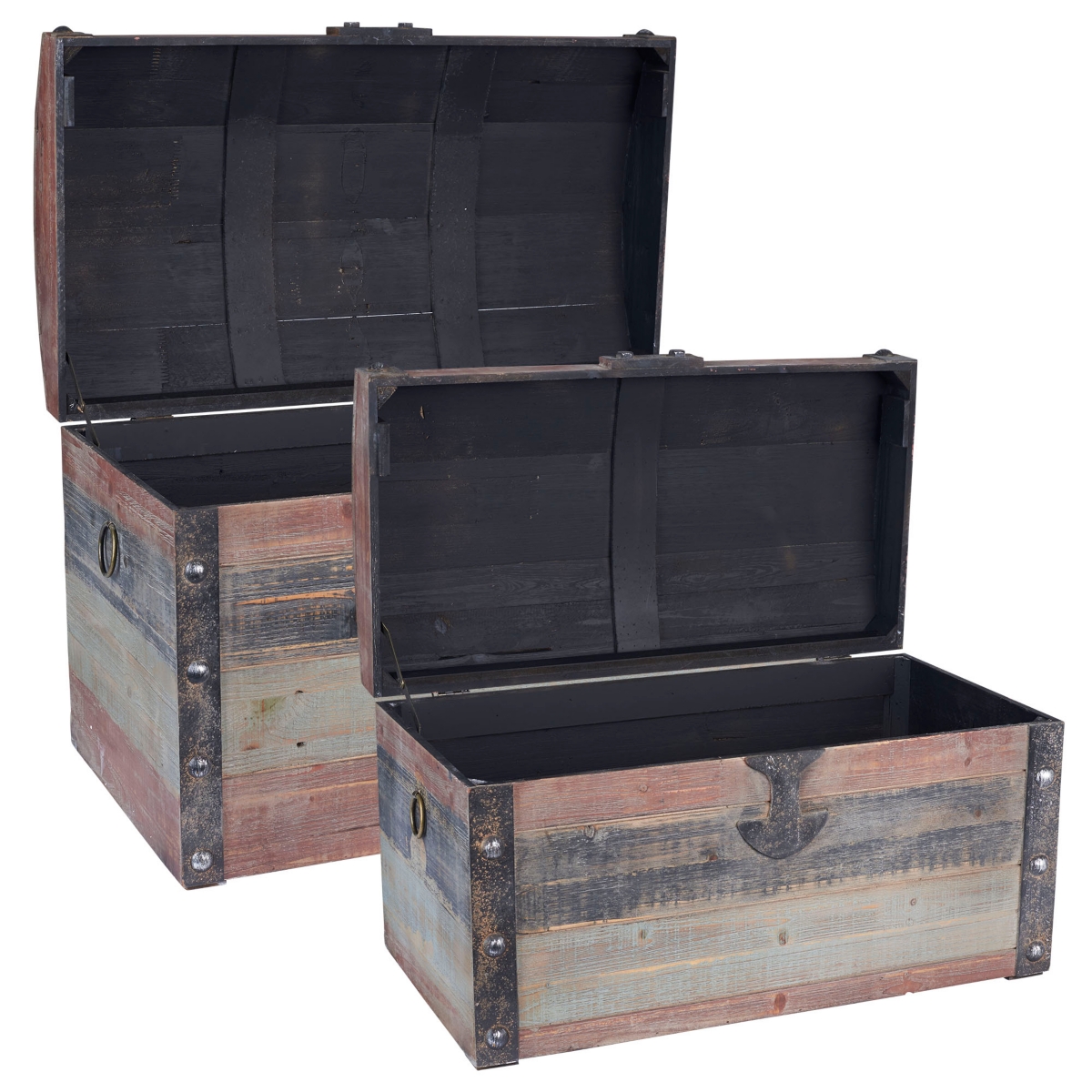 Household Essentials Set Of 2 Weathered Wooden Storage Trunks In Weathered Red,black,blue