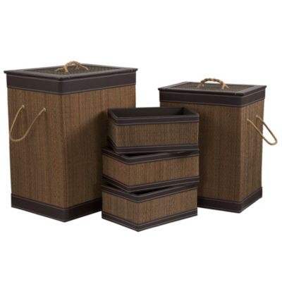 Household Essentials - Square Bamboo Hampers and Baskets with Faux Leather Accents, 5-Pc. Set
