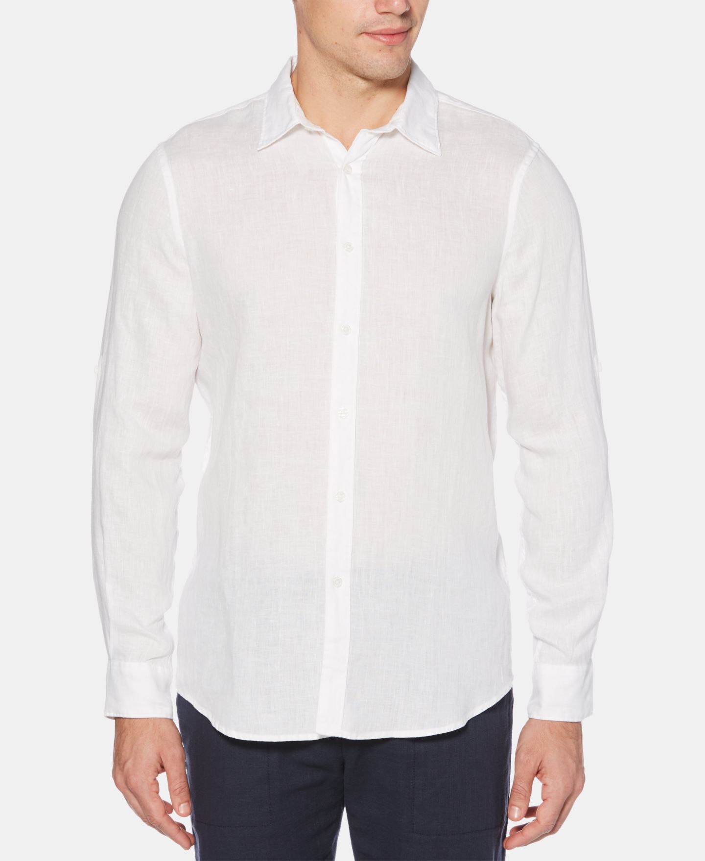 Мужская рубашка Perry Ellis Solid Linen Roll Sleeve, цвет: Яркий белый — фото 3