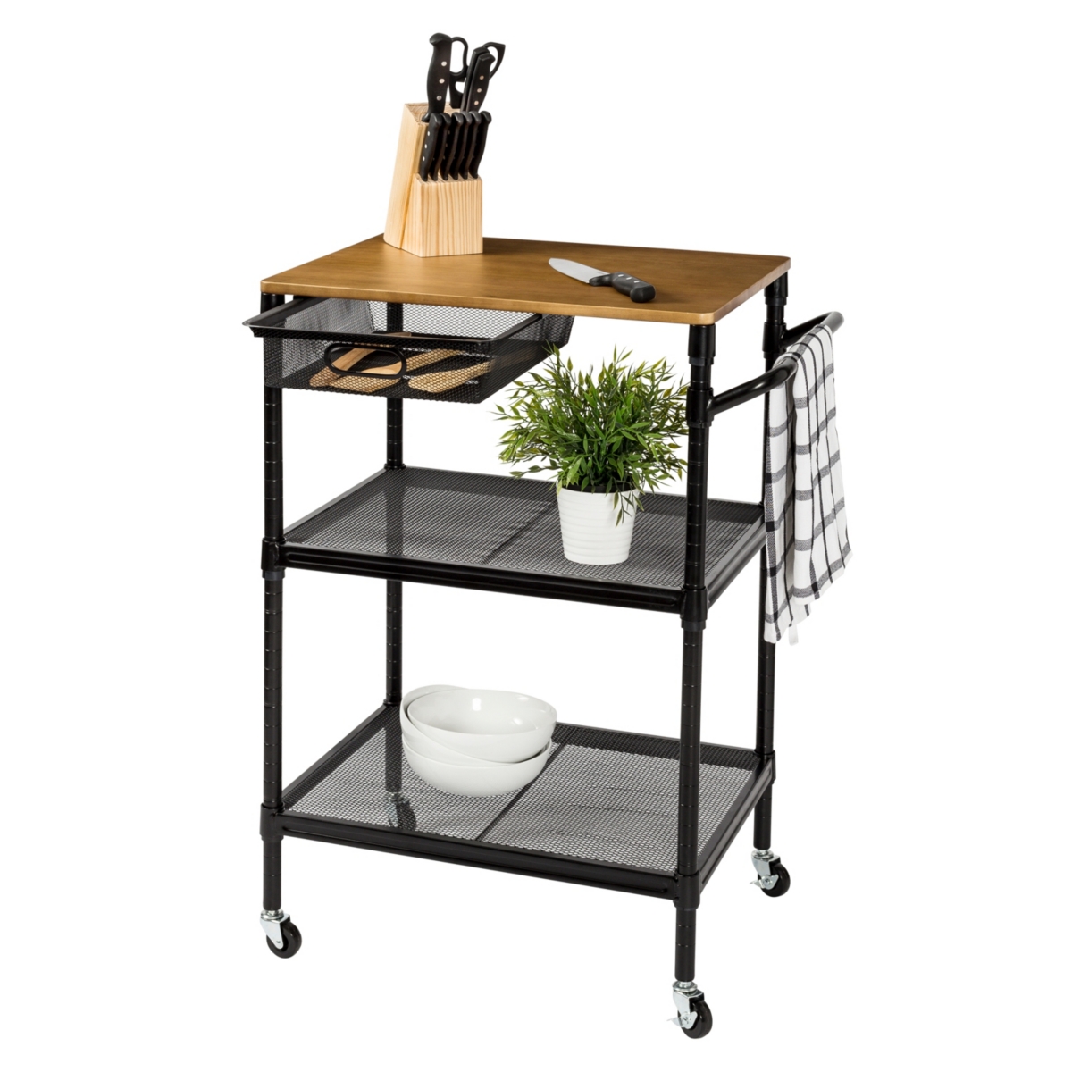 36" Kitchen Cart with Wheels, Storage Drawer and Handle - Black