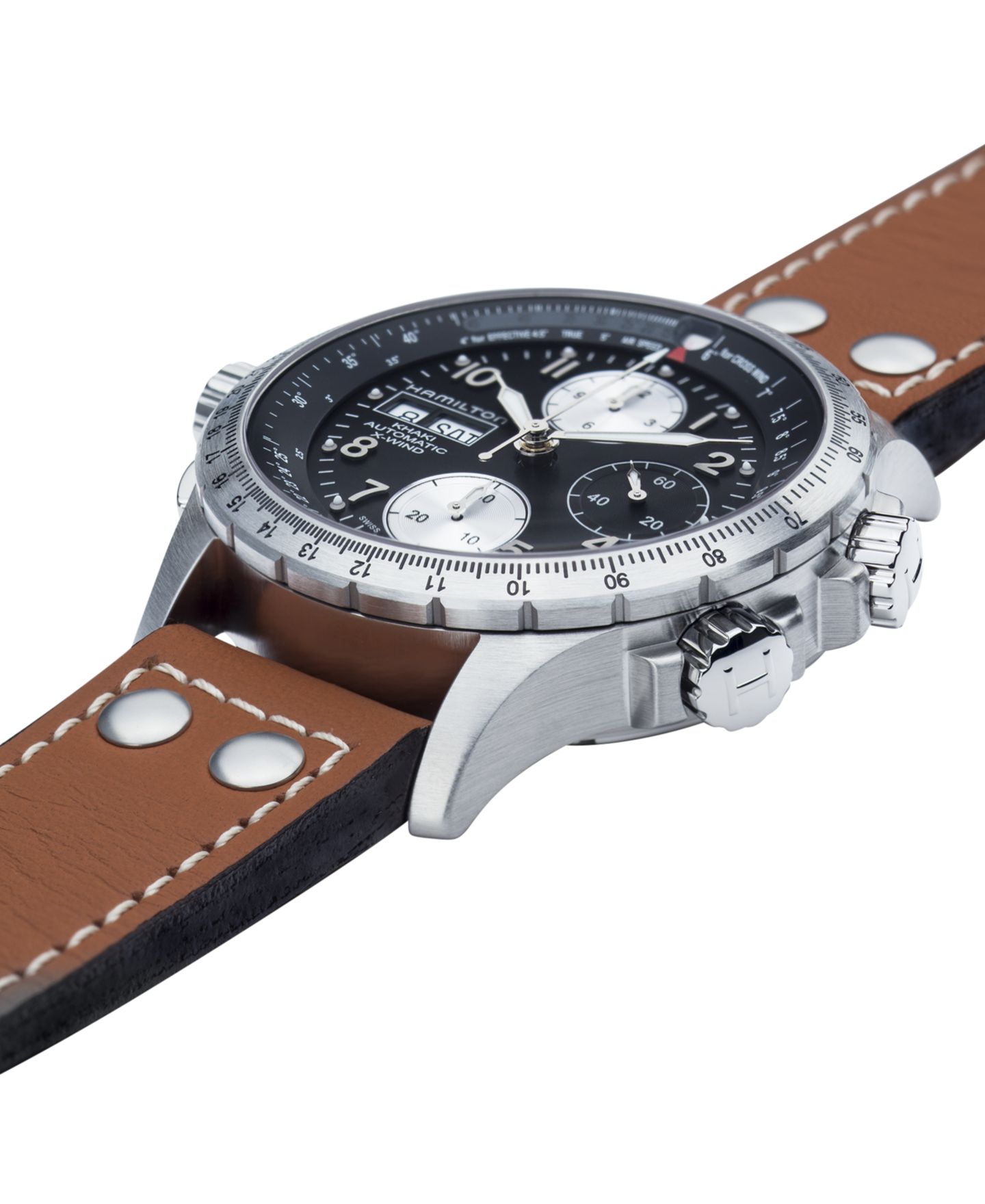 Мужские часы Hamilton Watch, Swiss Automatic Chronograph Khaki X-Wind Brown Leather Strap 44mm H77616533 — фото 2