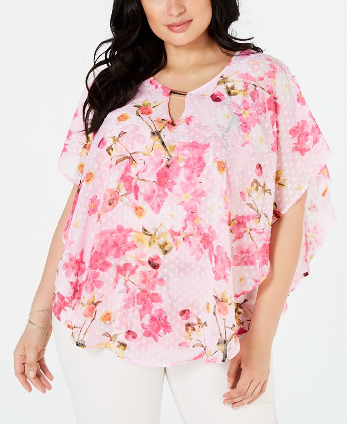 NY Collection Plus Size Printed Poncho Top - Macy's