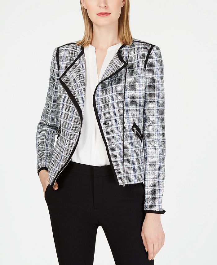 Calvin Klein Asymmetrical-Zip Plaid Jacket - Macy's