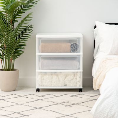 USA 3 Drawer Wide Storage Drawer Cart with Caster Wheels, Plastic Rolling Dresser for Home Closet Bedroom Bathroom Office Laundry Kitchen Craft Room Nursery and School Dorm, Gray/Clear