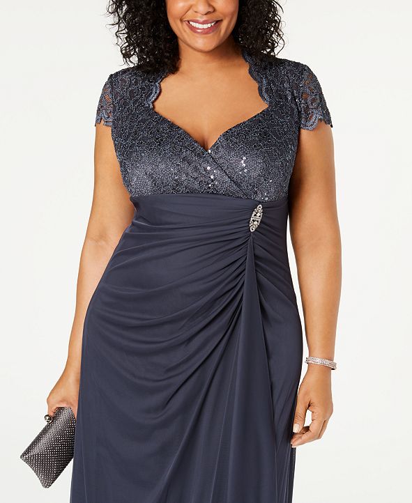 Betsy & Adam Plus Size Sequined-Lace Ruched Gown & Reviews - Dresses ...