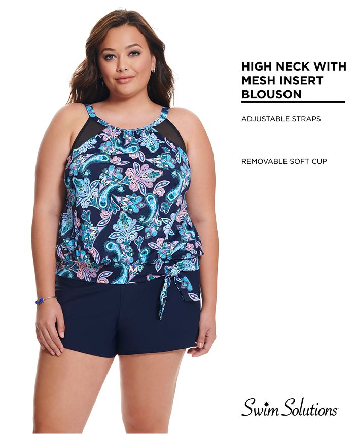 Swim Solutions High-Neck Mesh-Insert Tankini Top, Created for Macy's ...