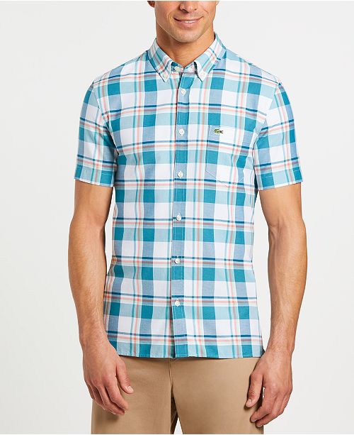Lacoste Men S Slim Fit Short Sleeve Oxford Plaid Shirt Reviews