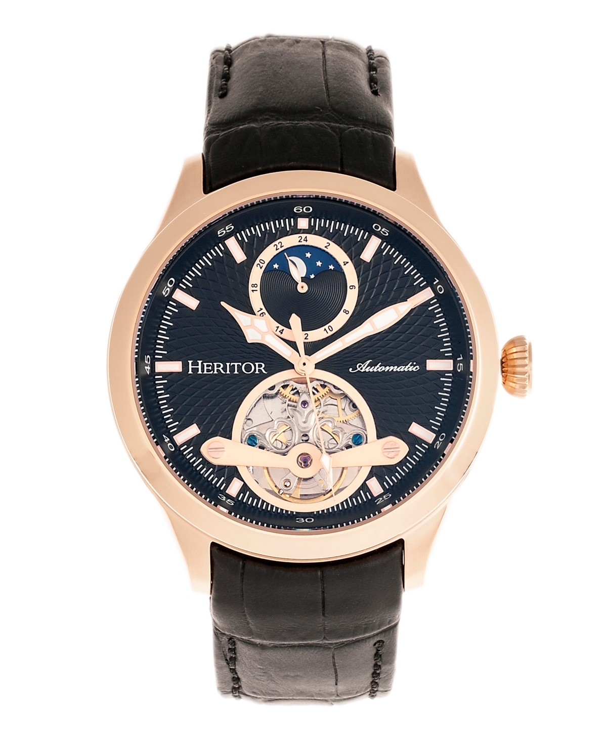 Automatic Gregory Rose Gold Case, Genuine Black Leather Watch 45mm - Black