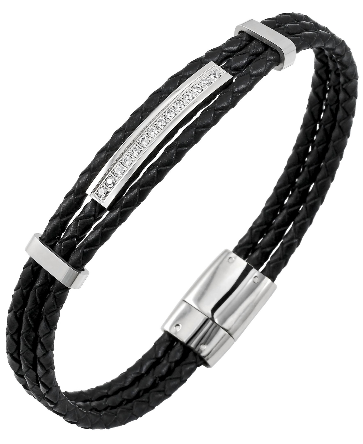 Sutton Stainless Steel And Braided Leather Bracelet With Cubic Zirconia Stations - Black