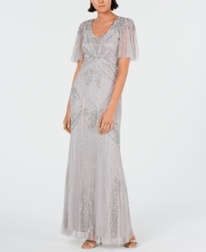 Adrianna Papell Embellished Flutter-sleeve Gown In Bridal Silver