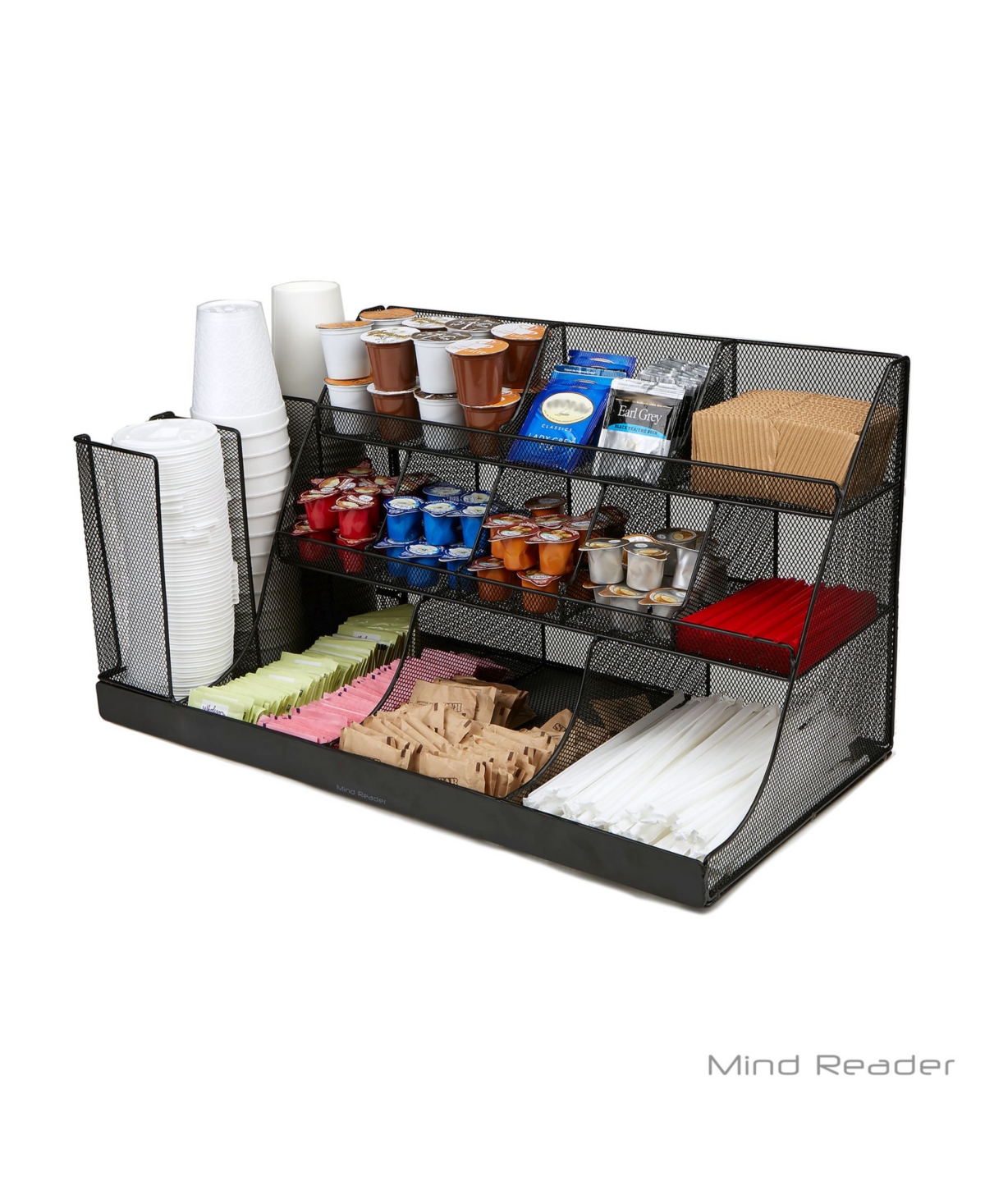 14 Compartment 3 Tier Large Breakroom Condiment Organizer Metal Mesh - Black
